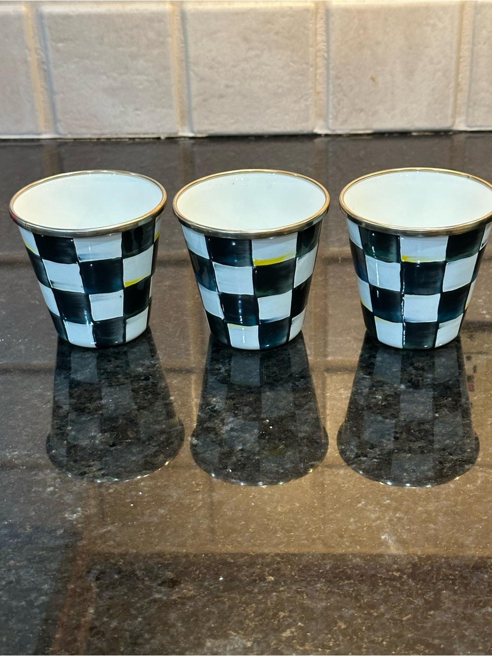 Mackenzie Childs Courtly Check Enamel Small Pots with Gold Rim - Set of 3